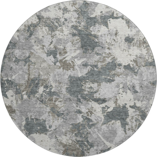 HomeRoots 8' Charcoal Gray & Silver Floral Round Rug – Washable, UV Protected, Perfect for High-Traffic Areas 670342