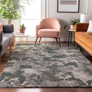 HomeRoots 10' Charcoal Gray & Silver Floral Area Rug - Washable, UV Protected, Durable for High-Traffic Homes 670345