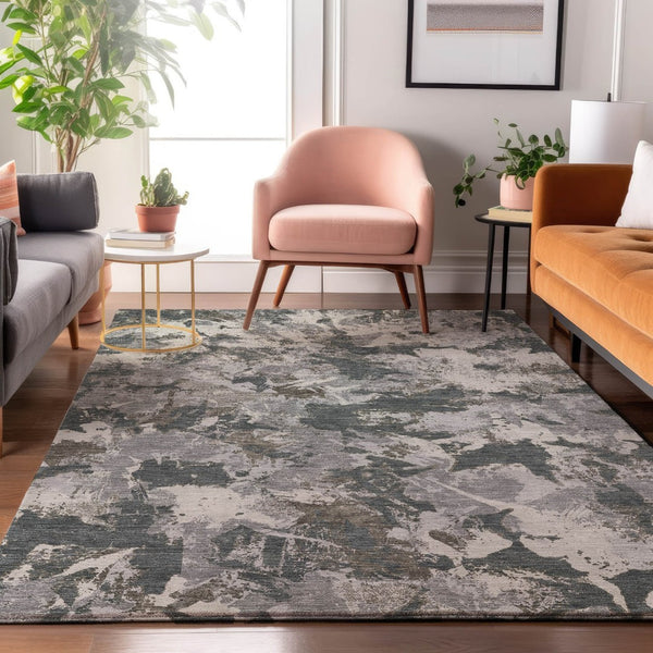HomeRoots 10' Charcoal Gray & Silver Floral Area Rug - Washable, UV Protected, Durable for High-Traffic Homes 670345
