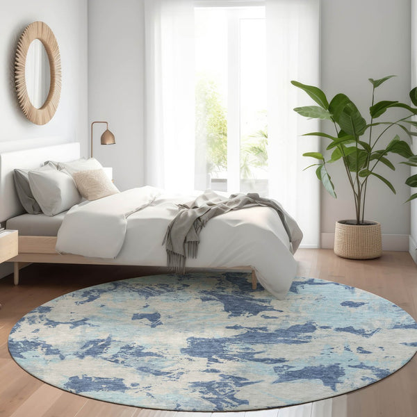 HomeRoots 8' Washable Round Rug with Floral Design - Navy, Silver & Sky Blue, UV Protected for Busy Homes 670348