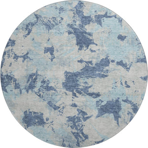 HomeRoots 8' Washable Round Rug with Floral Design - Navy, Silver & Sky Blue, UV Protected for Busy Homes 670348