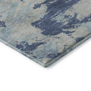 HomeRoots 8' Washable Round Rug with Floral Design - Navy, Silver & Sky Blue, UV Protected for Busy Homes 670348