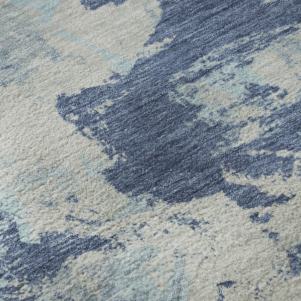 HomeRoots 8' Washable Round Rug with Floral Design - Navy, Silver & Sky Blue, UV Protected for Busy Homes 670348
