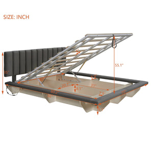 English Elm Queen Upholstered Floating Bed with LED Lighting, Hydraulic Lift, 4 Storage Drawers, Velvet Luxury Gray SF000132AAE