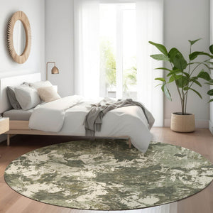 HomeRoots 8' Elegant Olive Green Floral Round Rug - Washable, UV Protected, Stain Resistant for Indoor/Outdoor Use 670354