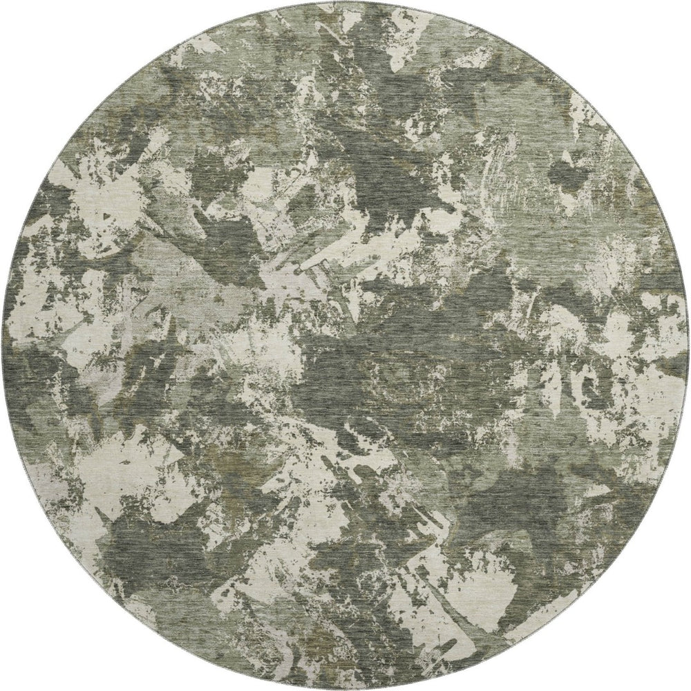 HomeRoots 8' Elegant Olive Green Floral Round Rug - Washable, UV Protected, Stain Resistant for Indoor/Outdoor Use 670354