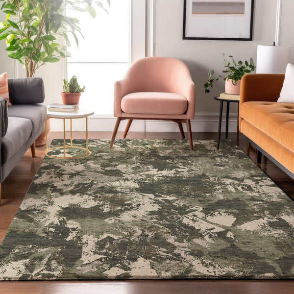 HomeRoots 9' X 12' Floral Olive Green Beige Ivory Area Rug - Durable, Washable, UV-Resistant for High-Traffic Areas 670356