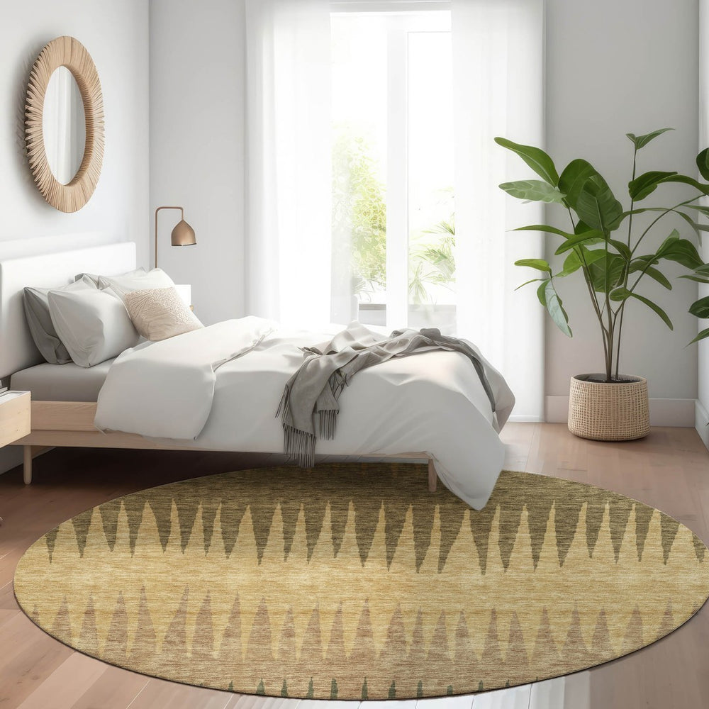 HomeRoots 8' Striped Washable Round Rug in Brown, Gold & Taupe - Durable, UV-Protected & Easy-Care Design! 670366