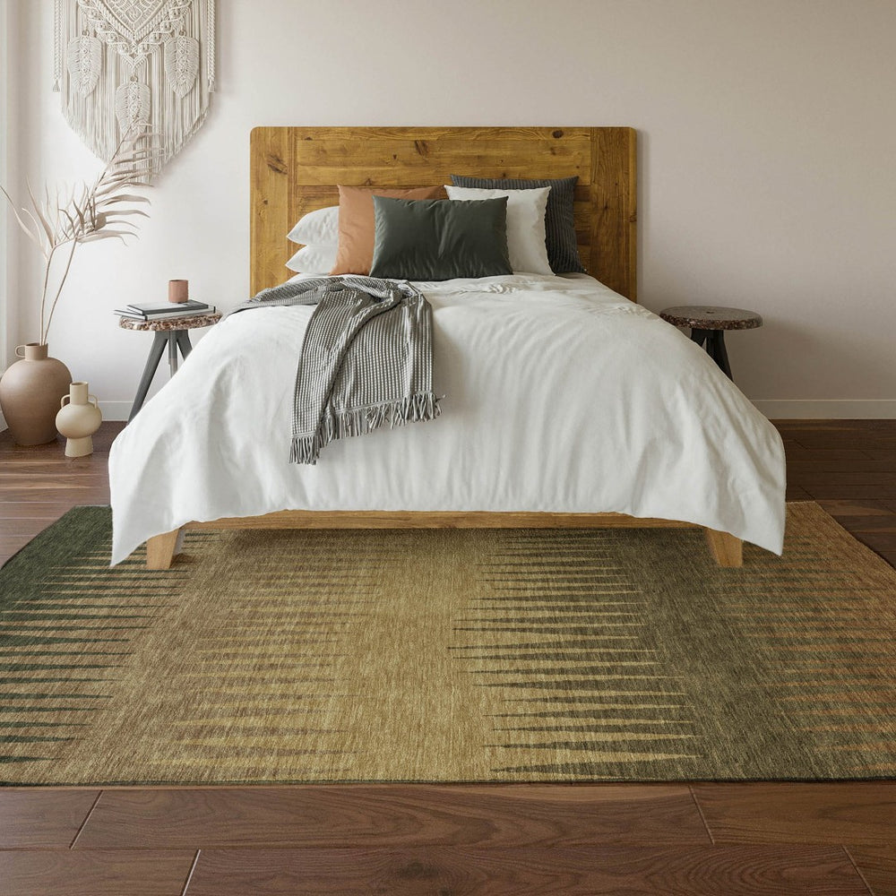 HomeRoots 9' X 12' Striped Area Rug in Brown, Gold & Taupe – Durable, UV-Protected, Washable & Pet-Friendly! 670368