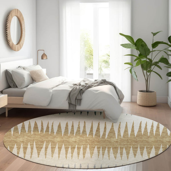 HomeRoots 8' Charcoal Gold and Gray Striped Washable Round Rug - Durable, Stylish, UV-Protected for High-Traffic Areas 670372