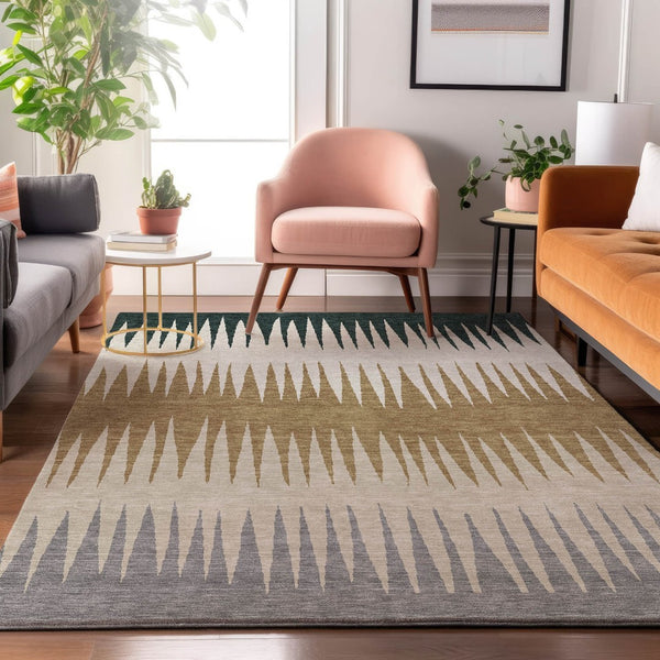 HomeRoots 8' X 10' Charcoal Gold & Gray Striped Washable Area Rug - UV Protected, Stain-Resistant & Stylish! 670373