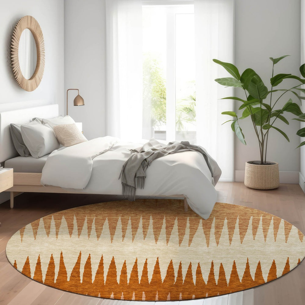 HomeRoots 8' Copper and Beige Striped Washable Round Rug – Durable, UV-Protected, Stain-Resistant Accent for Any Space 670378