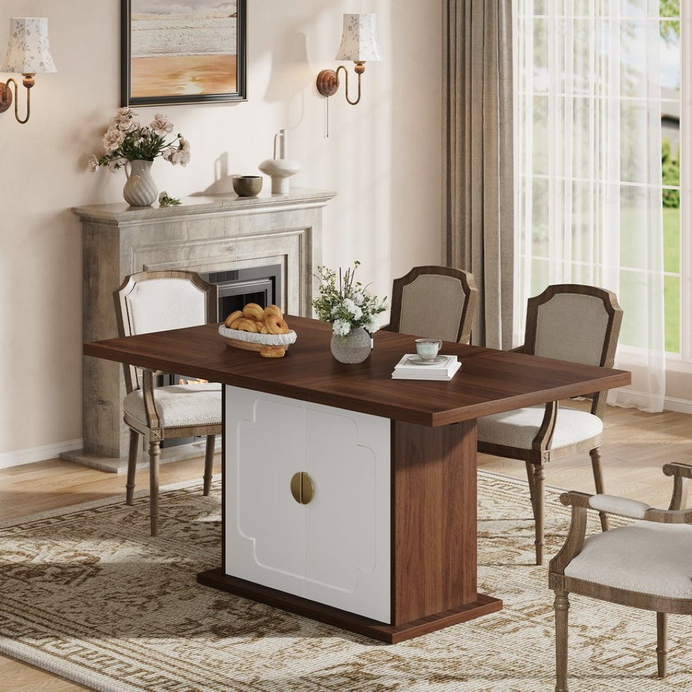 English Elm 63" Rectangular Matte Black Dining Table Pedestal Base with Shelves Seats Six White+Walnut T5618P448240