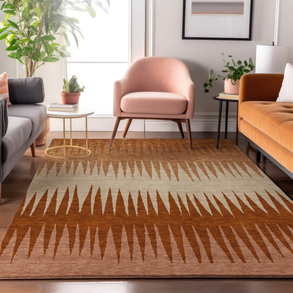 HomeRoots 10' X 14' Copper & Beige Striped Washable Area Rug - Durable, Stain-Resistant, UV Protected Elegance 670381