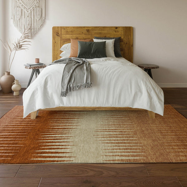 HomeRoots 10' X 14' Copper & Beige Striped Washable Area Rug - Durable, Stain-Resistant, UV Protected Elegance 670381