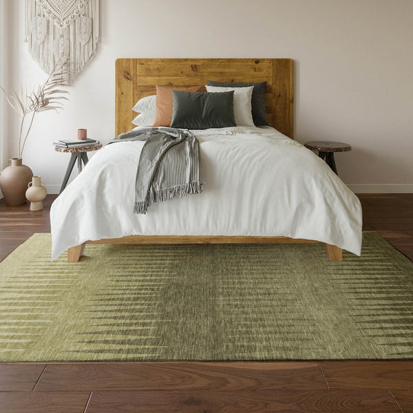 HomeRoots 5' X 8' Stylish Green Beige Sage Striped Area Rug with Stain Resistance & UV Protection for Homes 670383