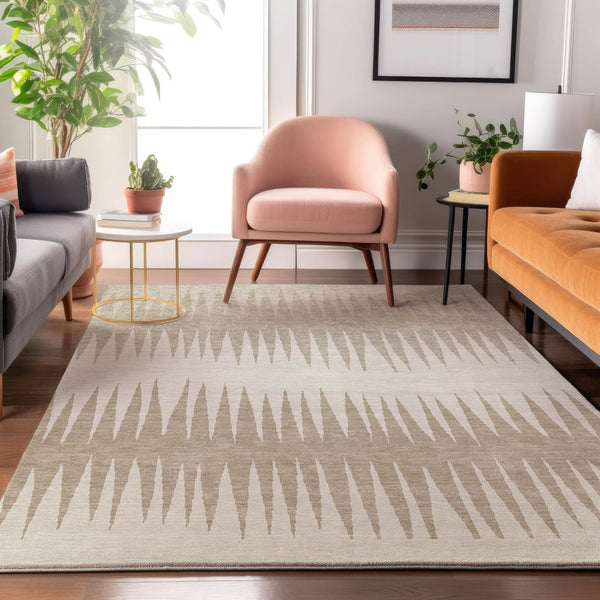 HomeRoots 9' X 12' Ivory Striped Area Rug - Washable, UV Protected, Soft Polyester for Indoor & Outdoor Spaces 670392