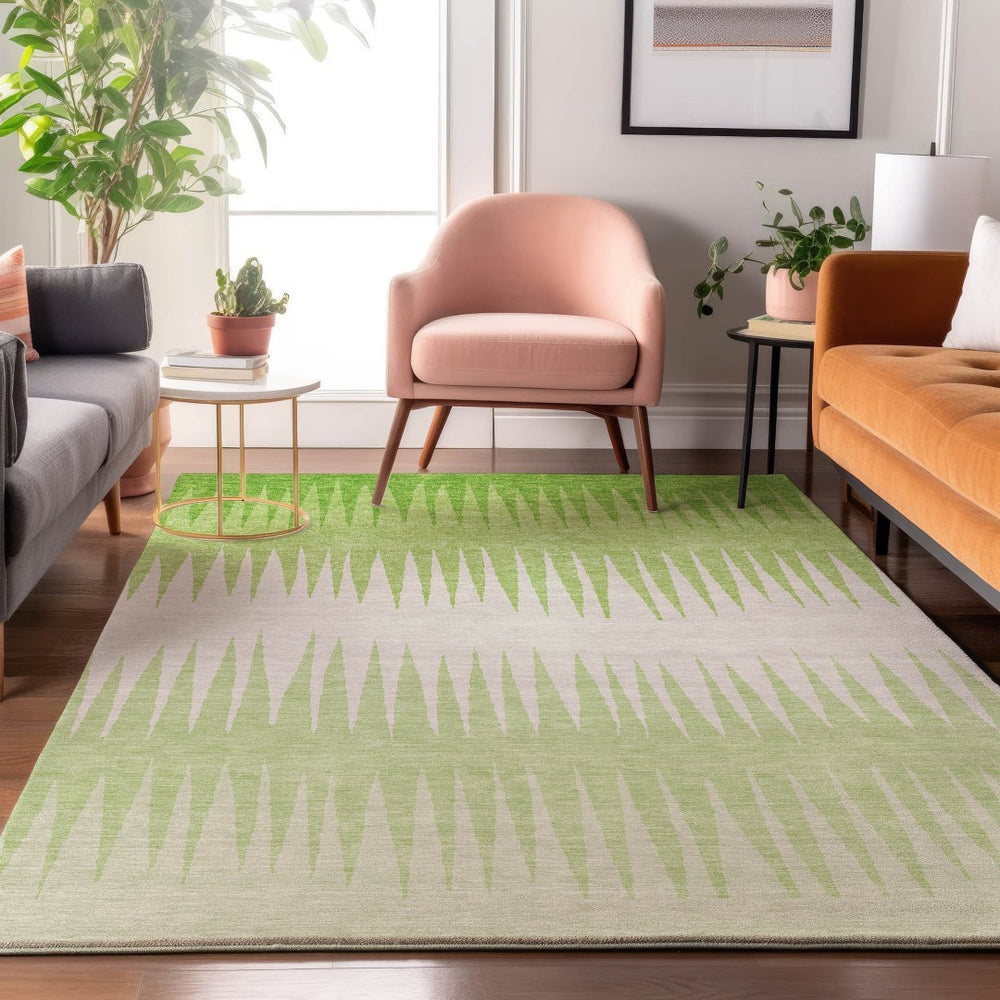HomeRoots 5' X 8' Vibrant Lime Green & Ivory Striped Area Rug – Durable, Washable, UV-Protected for Style! 670395