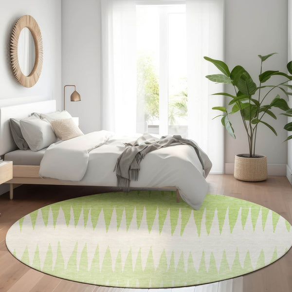 HomeRoots 8' Vibrant Lime Green and Ivory Striped Round Rug - Washable, UV-Protected for Indoor/Outdoor Use 670396