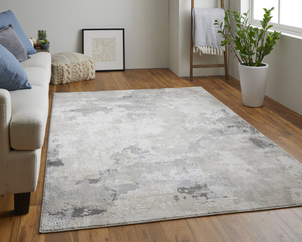 Feizy Rugs Prasad Watercolor Medallion Area Rug Distressed Ivory Gray Polypropylene Living Room 6703970FGRY000F00