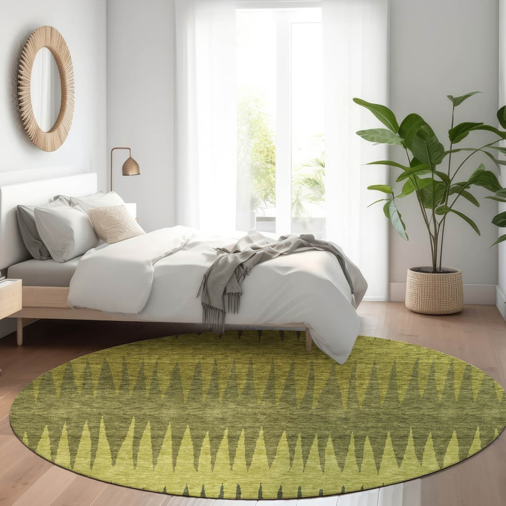 HomeRoots 8' Olive Green, Gray, and Fern Striped Washable Round Rug - UV Protection & Stain Resistant Design 670402