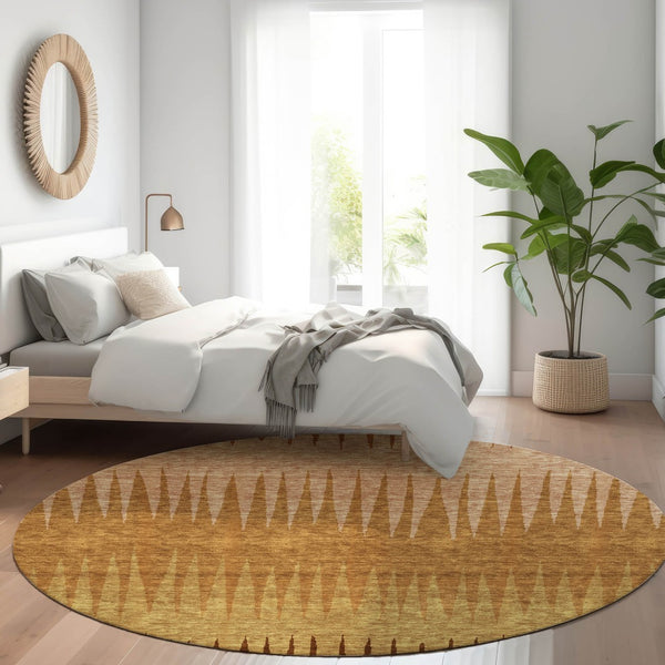 HomeRoots 8' Washable Round Rug in Rust Copper & Beige Stripes - Durable, UV-Protected & Easy Care for Homes 670408