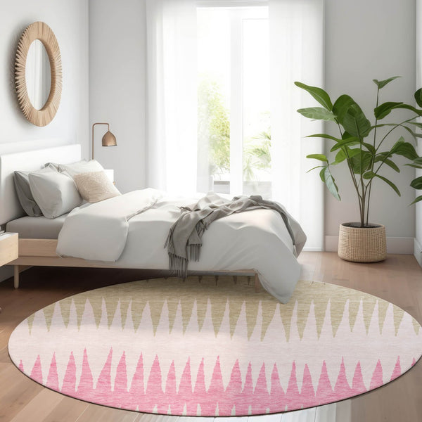 HomeRoots 8' Washable Round Rug with Pink, Chocolate, and Beige Stripes - Durable, UV-Protected, Easy Care 670414
