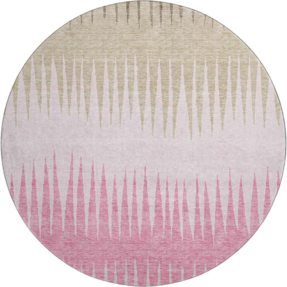 HomeRoots 8' Washable Round Rug with Pink, Chocolate, and Beige Stripes - Durable, UV-Protected, Easy Care 670414