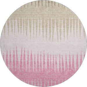 HomeRoots 8' Washable Round Rug with Pink, Chocolate, and Beige Stripes - Durable, UV-Protected, Easy Care 670414