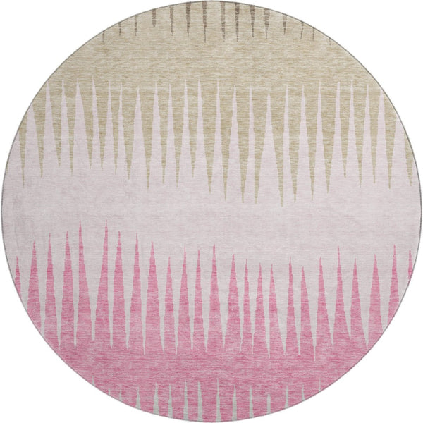 HomeRoots 8' Washable Round Rug with Pink, Chocolate, and Beige Stripes - Durable, UV-Protected, Easy Care 670414