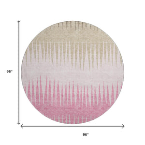 HomeRoots 8' Washable Round Rug with Pink, Chocolate, and Beige Stripes - Durable, UV-Protected, Easy Care 670414