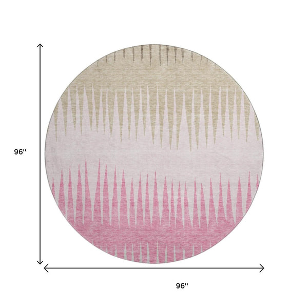 HomeRoots 8' Washable Round Rug with Pink, Chocolate, and Beige Stripes - Durable, UV-Protected, Easy Care 670414