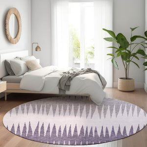 HomeRoots 8' Purple Gray and Lavender Striped Washable Round Rug - Durable, Stain-Resistant, UV Protected Design 670420