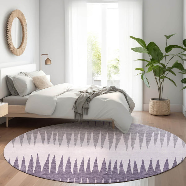 HomeRoots 8' Purple Gray and Lavender Striped Washable Round Rug - Durable, Stain-Resistant, UV Protected Design 670420
