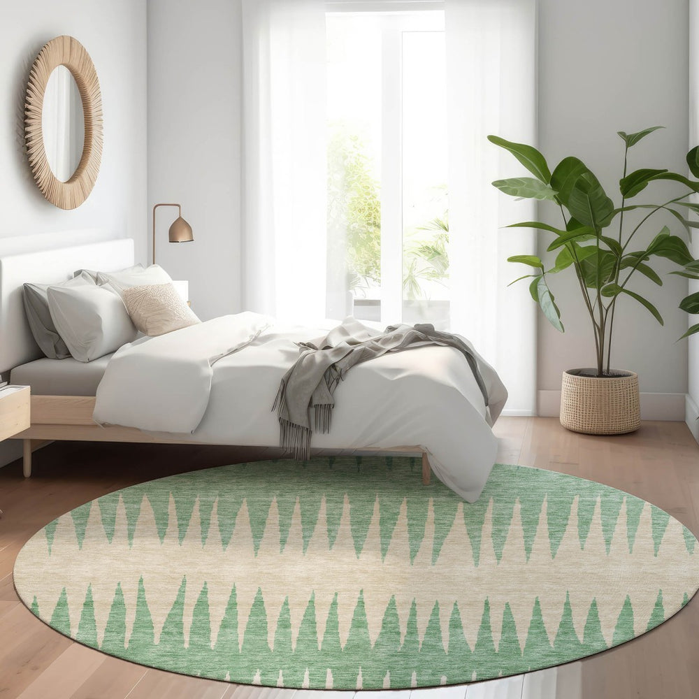 HomeRoots 8' Stylish Sage Beige & Silver Striped Washable Round Rug with UV Protection for High-Traffic Areas 670426
