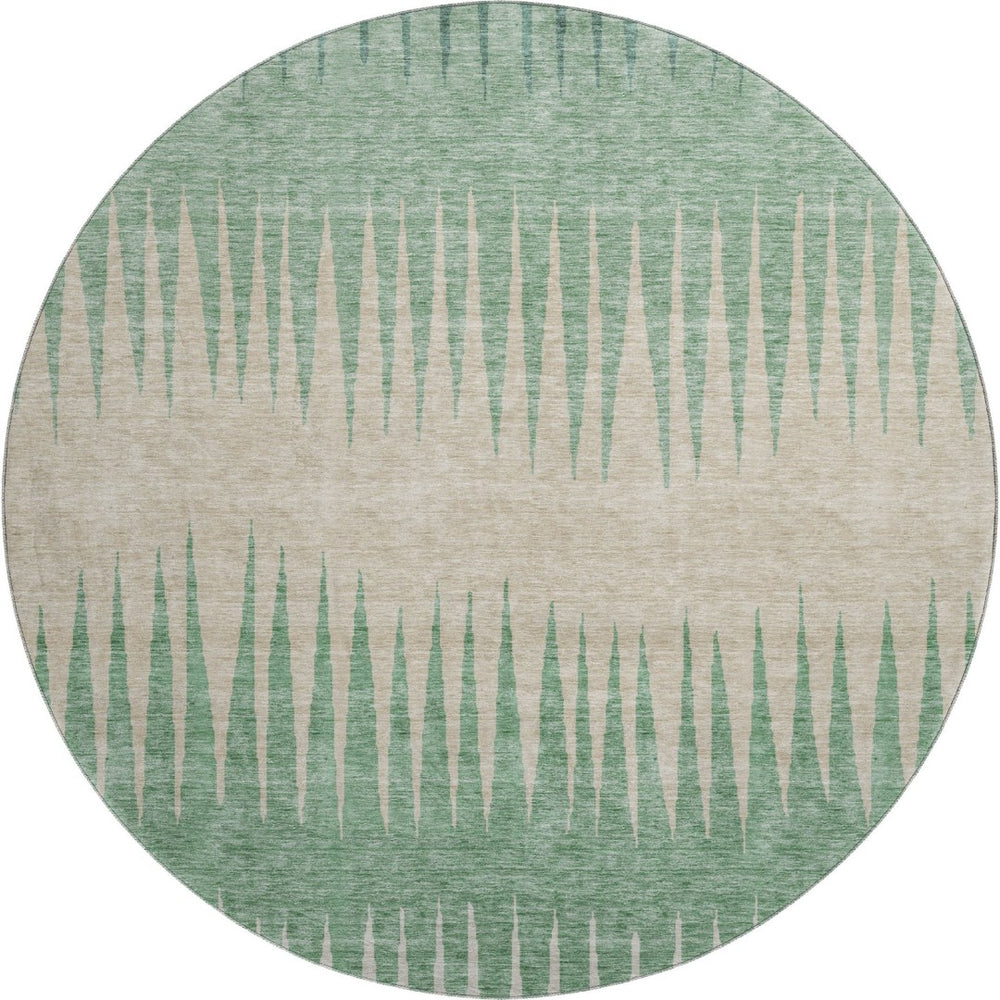 HomeRoots 8' Stylish Sage Beige & Silver Striped Washable Round Rug with UV Protection for High-Traffic Areas 670426