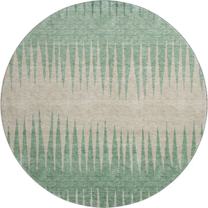 HomeRoots 8' Stylish Sage Beige & Silver Striped Washable Round Rug with UV Protection for High-Traffic Areas 670426