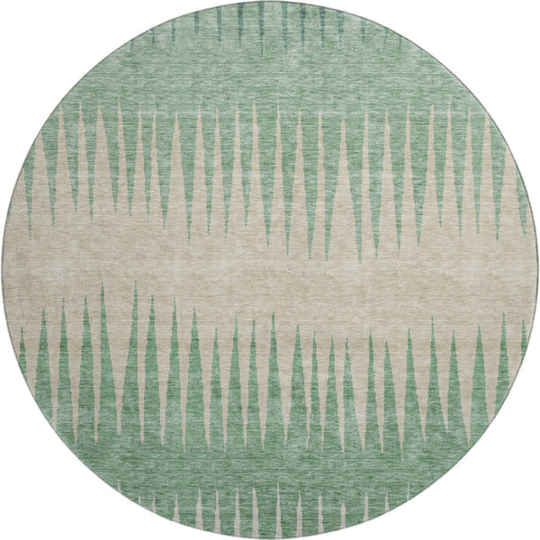 HomeRoots 8' Stylish Sage Beige & Silver Striped Washable Round Rug with UV Protection for High-Traffic Areas 670426