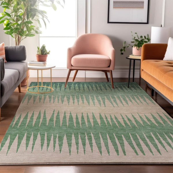 HomeRoots 9' X 12' Sage Beige & Silver Striped Washable Area Rug - UV Protected, Stain Resistant & Durable Design 670428