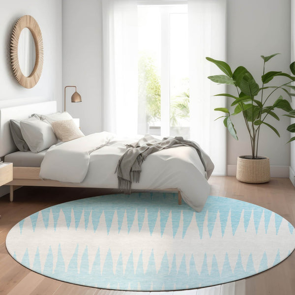 HomeRoots 8' Sky Blue & Ivory Striped Washable Round Rug - Durable, UV-Protected, Ideal for Kids & Pets! 670432