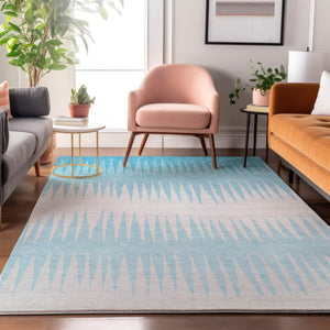 HomeRoots 10' X 14' Sky Blue & Ivory Striped Washable Area Rug - Durable, UV-Protected, Pet-Friendly Design 670435