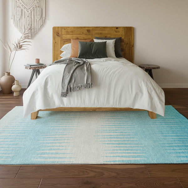 HomeRoots 10' X 14' Sky Blue & Ivory Striped Washable Area Rug - Durable, UV-Protected, Pet-Friendly Design 670435