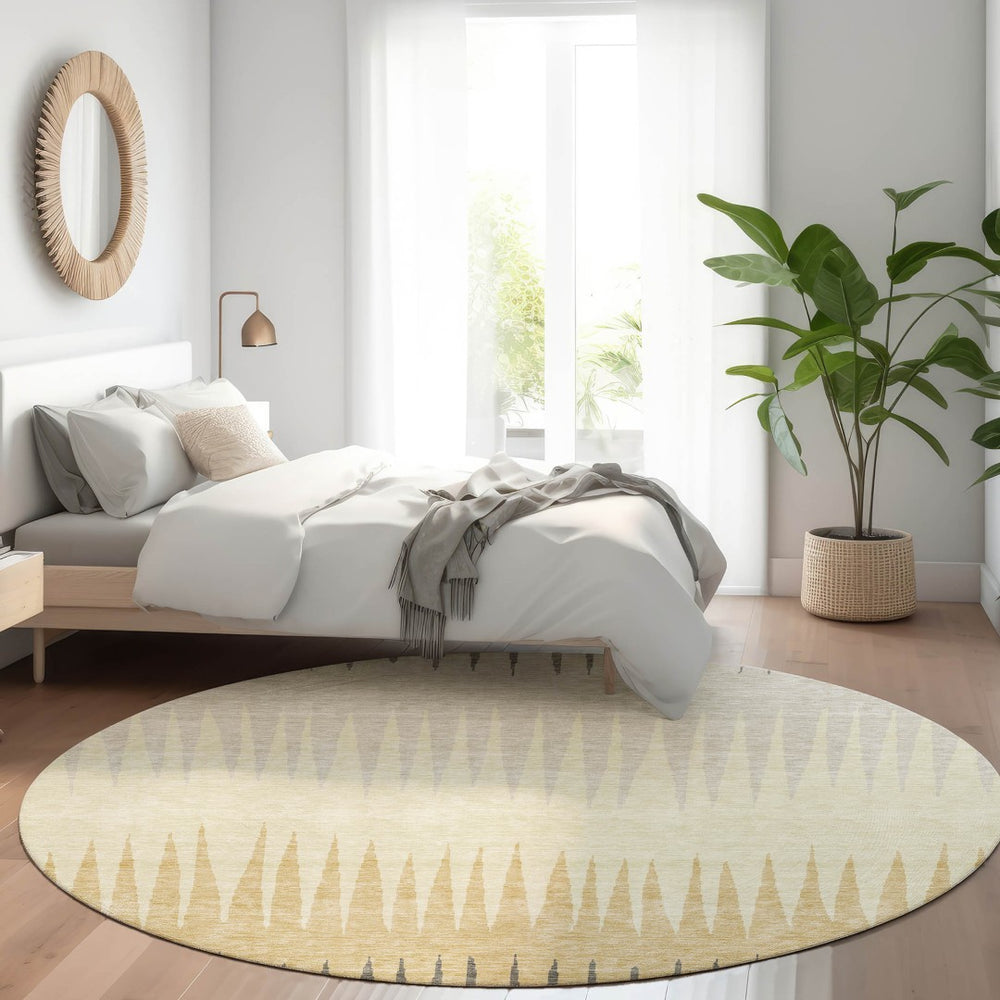 HomeRoots 8' Taupe Gold Beige Striped Washable Round Rug – Durable, UV-Protected, Ideal for Busy Homes 670438