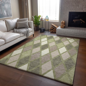 HomeRoots 5' Geometric Artichoke Green, Taupe & Ivory Washable Area Rug with UV Protection for Modern Homes 670443