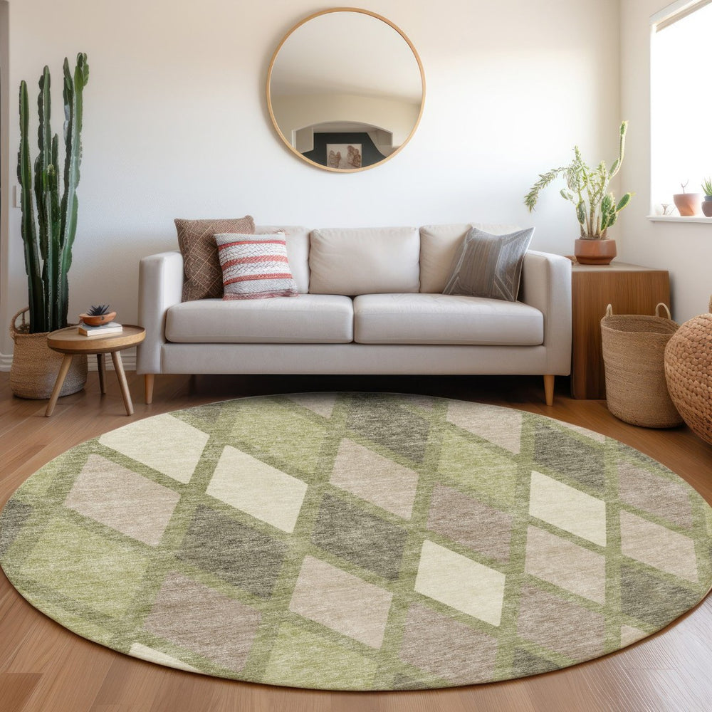 HomeRoots 8' Artichoke Green Taupe Ivory Geometric Round Rug – Washable, UV-Protected, Durable for Active Homes 670444
