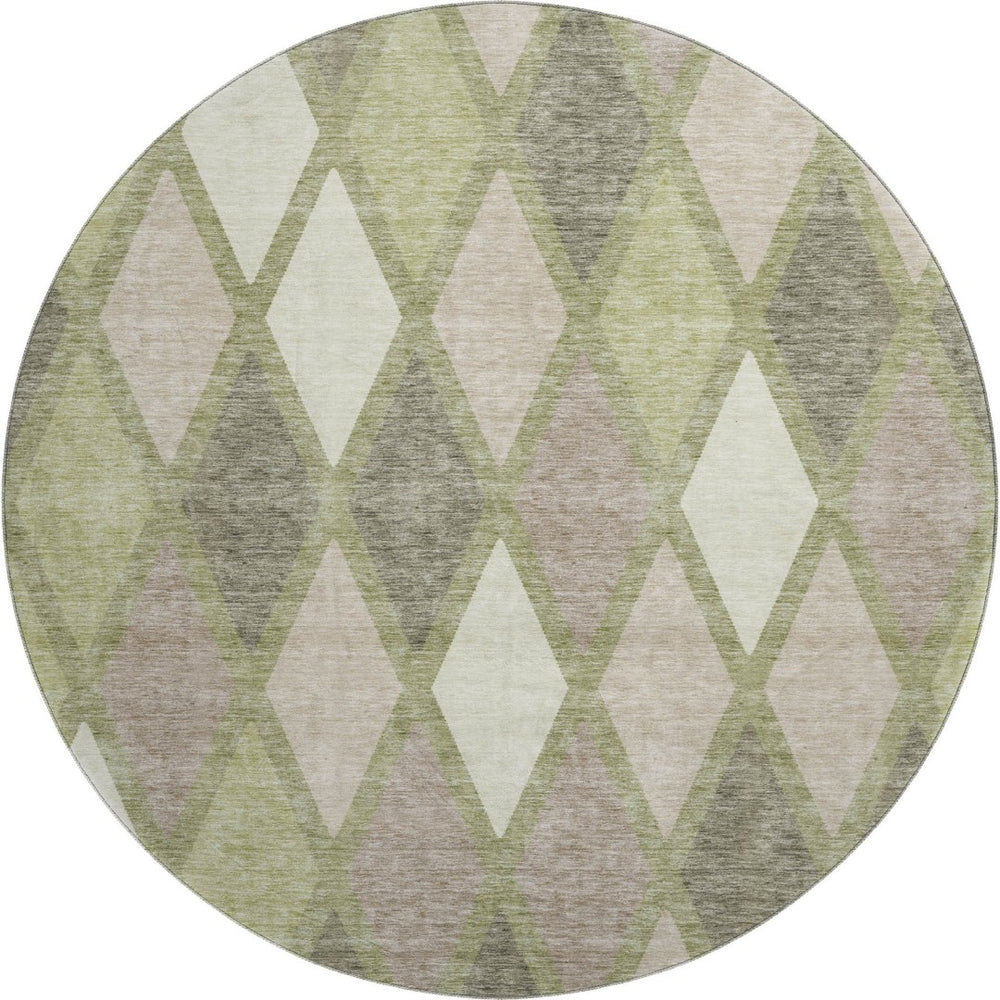 HomeRoots 8' Artichoke Green Taupe Ivory Geometric Round Rug – Washable, UV-Protected, Durable for Active Homes 670444
