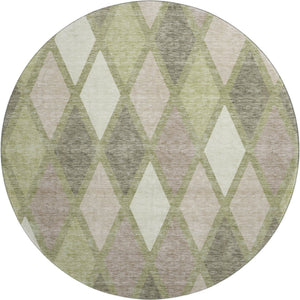 HomeRoots 8' Artichoke Green Taupe Ivory Geometric Round Rug – Washable, UV-Protected, Durable for Active Homes 670444