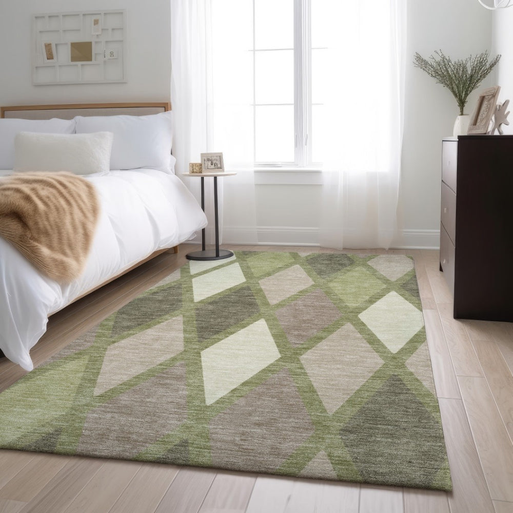 HomeRoots 10' X 14' Artichoke Green Taupe Ivory Geometric Area Rug - Washable, Stain Resistant & UV Protected 670447