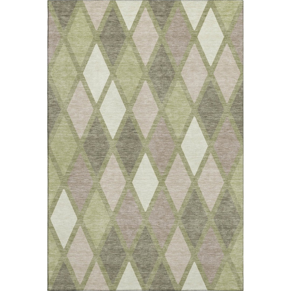 HomeRoots 10' X 14' Artichoke Green Taupe Ivory Geometric Area Rug - Washable, Stain Resistant & UV Protected 670447