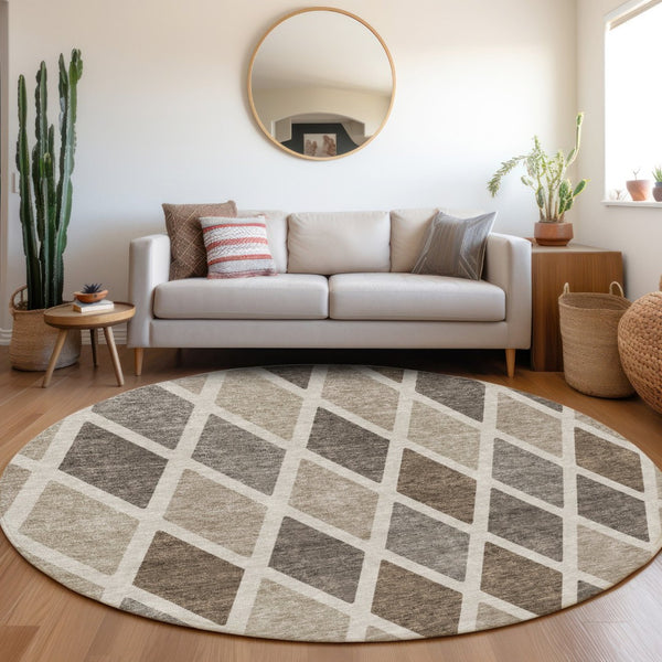 HomeRoots 8' Washable Beige, Ivory & Brown Geometric Round Rug with UV Protection for Stylish Living Spaces 670450
